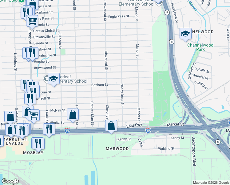 map of restaurants, bars, coffee shops, grocery stores, and more near 14439 Renault Street in Houston