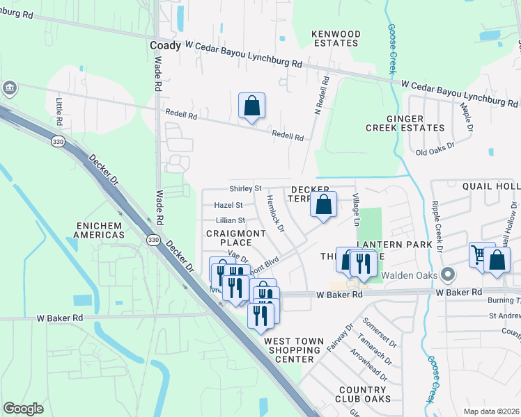 map of restaurants, bars, coffee shops, grocery stores, and more near 5324 Lorraine Drive in Baytown