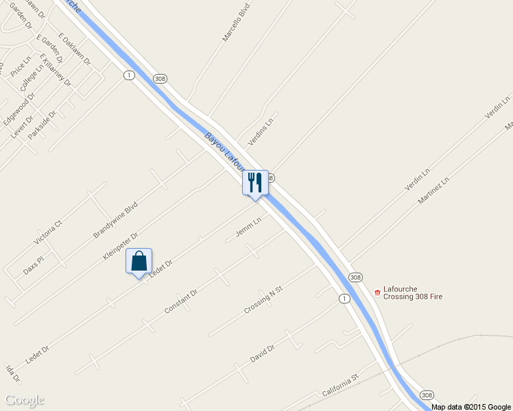 map of restaurants, bars, coffee shops, grocery stores, and more near 305 Ledet Drive in Thibodaux