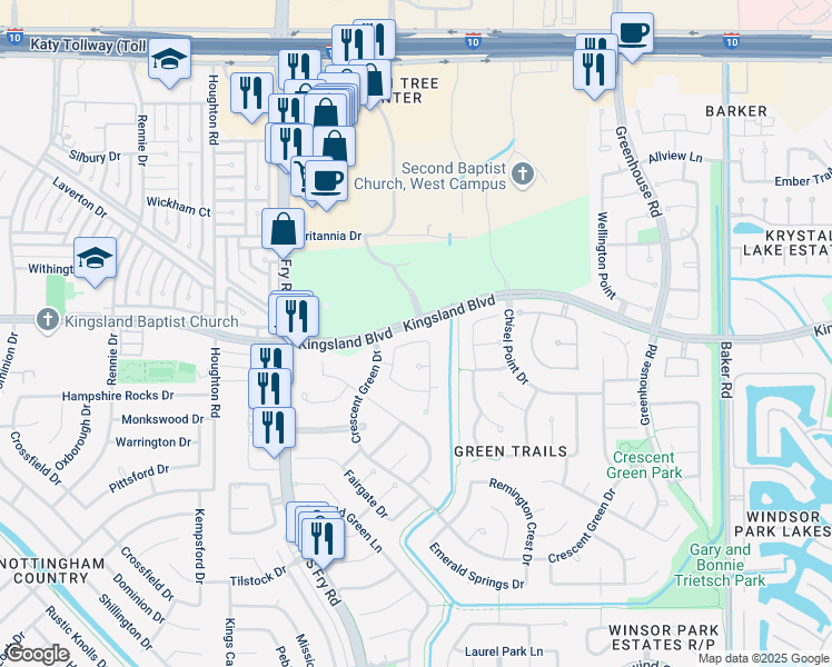 map of restaurants, bars, coffee shops, grocery stores, and more near 19611 Emerald Ridge Lane in Houston