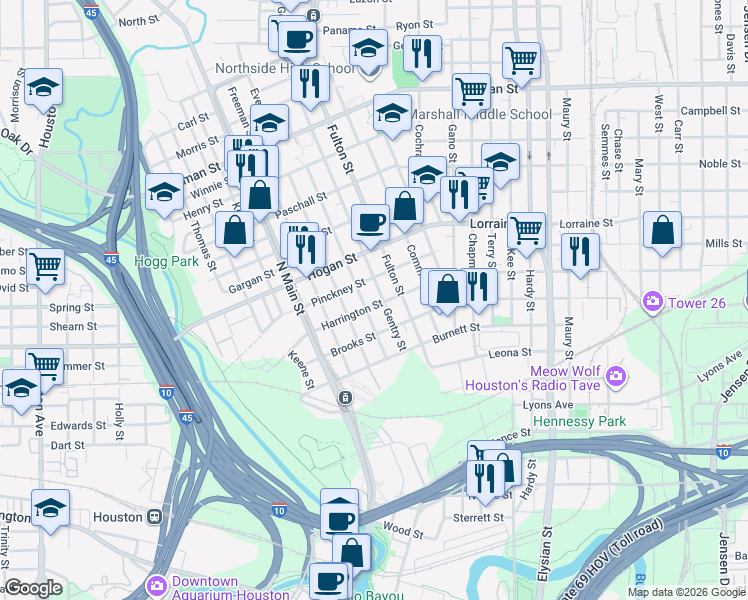 map of restaurants, bars, coffee shops, grocery stores, and more near 905 Harrington Street in Houston