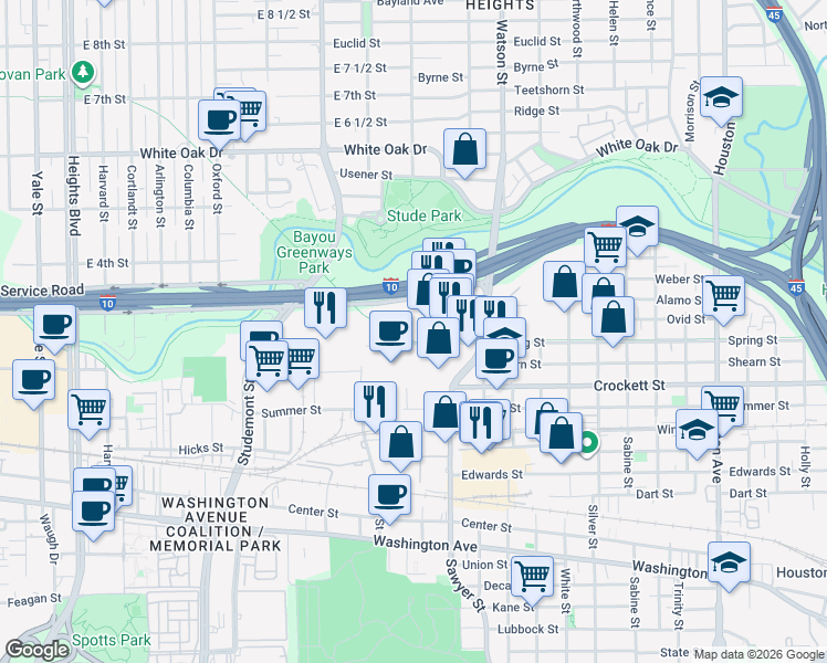 map of restaurants, bars, coffee shops, grocery stores, and more near 2424 Spring Street in Houston