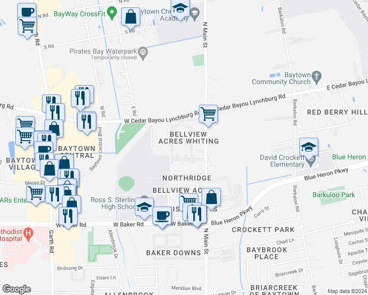 map of restaurants, bars, coffee shops, grocery stores, and more near 99 West Cedar Bayou Lynchburg Road in Baytown