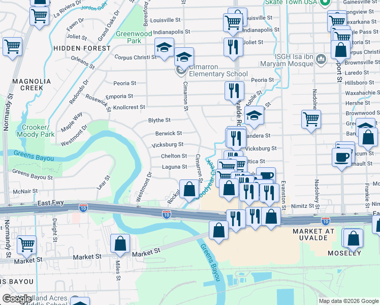 map of restaurants, bars, coffee shops, grocery stores, and more near 13222 Chelton Street in Houston