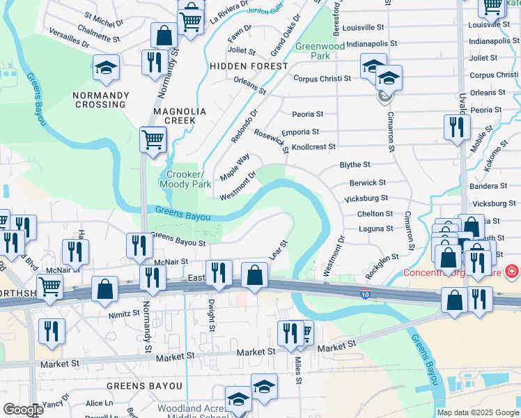 map of restaurants, bars, coffee shops, grocery stores, and more near 12985 Greens Bayou Street in Houston