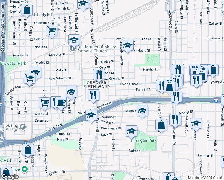 map of restaurants, bars, coffee shops, grocery stores, and more near 1420 Tralle Street in Houston