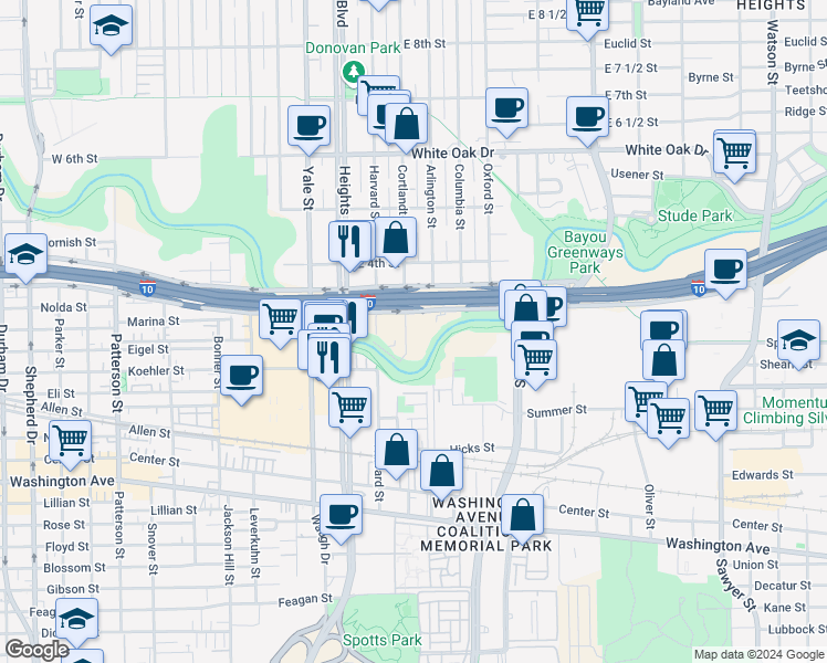 map of restaurants, bars, coffee shops, grocery stores, and more near 224 Cortlandt Street in Houston