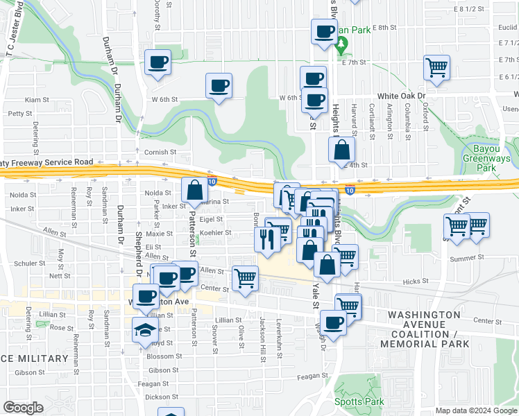 map of restaurants, bars, coffee shops, grocery stores, and more near 4040 Koehler Street in Houston