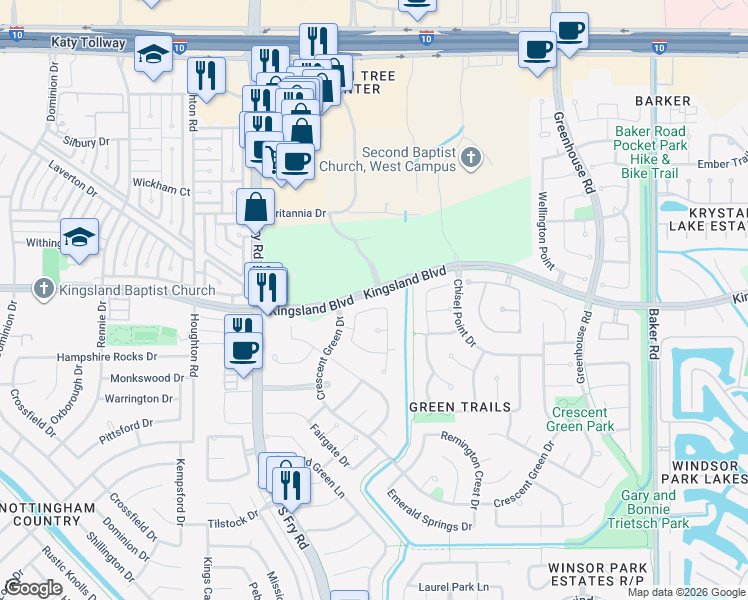 map of restaurants, bars, coffee shops, grocery stores, and more near 19611 Emerald Ridge Lane in Houston