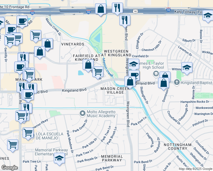 map of restaurants, bars, coffee shops, grocery stores, and more near 818 Sterling Creek Circle in Katy