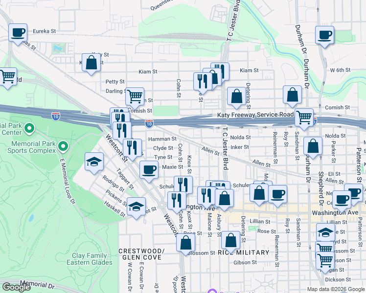map of restaurants, bars, coffee shops, grocery stores, and more near 1606 Knox Street in Houston