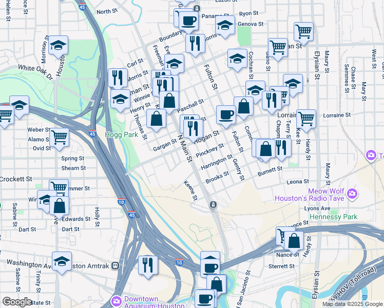 map of restaurants, bars, coffee shops, grocery stores, and more near in Houston
