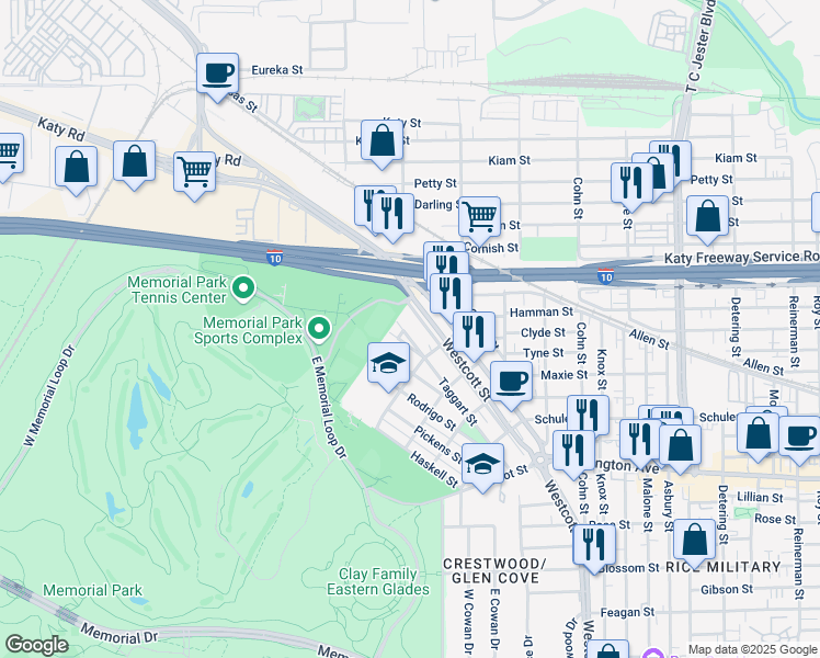 map of restaurants, bars, coffee shops, grocery stores, and more near 6618 Taggart Street in Houston
