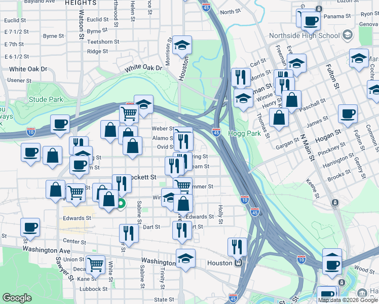 map of restaurants, bars, coffee shops, grocery stores, and more near 1919 Hickory Street in Houston