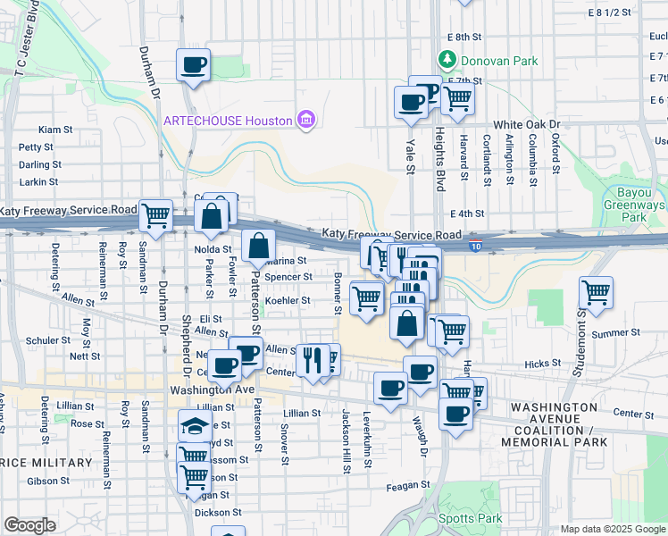 map of restaurants, bars, coffee shops, grocery stores, and more near 4130 Eigel Street in Houston
