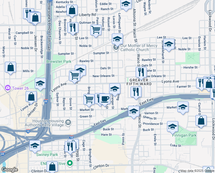 map of restaurants, bars, coffee shops, grocery stores, and more near 3917 Curtis Street in Houston