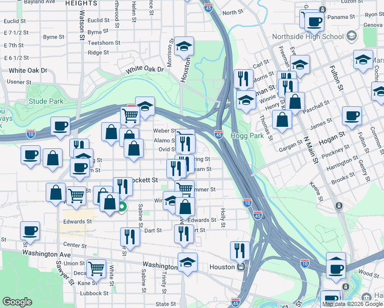 map of restaurants, bars, coffee shops, grocery stores, and more near 1919 Hickory Street in Houston