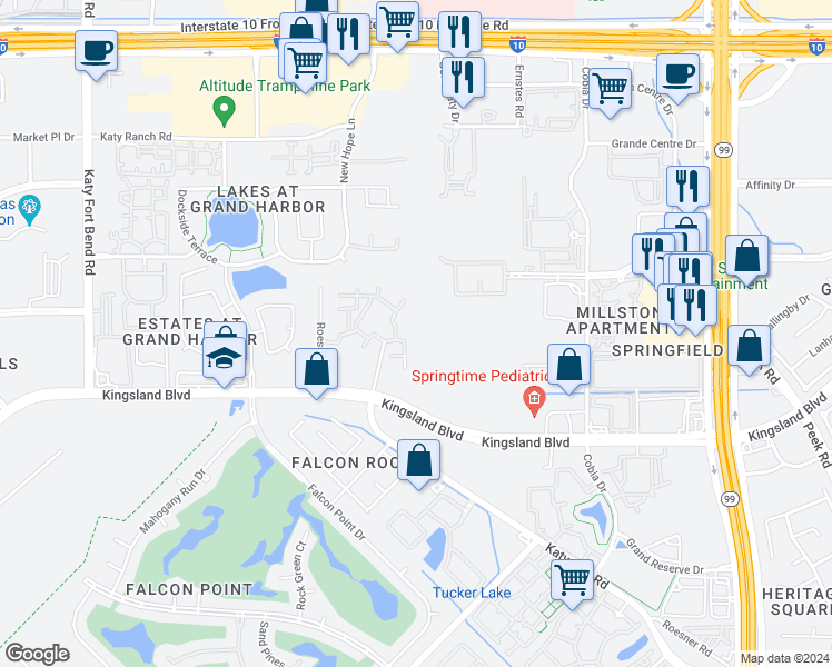 map of restaurants, bars, coffee shops, grocery stores, and more near 23827 South Newport Bend in Katy