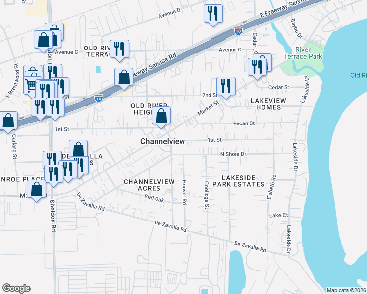 map of restaurants, bars, coffee shops, grocery stores, and more near 16204 North Shore Drive in Channelview