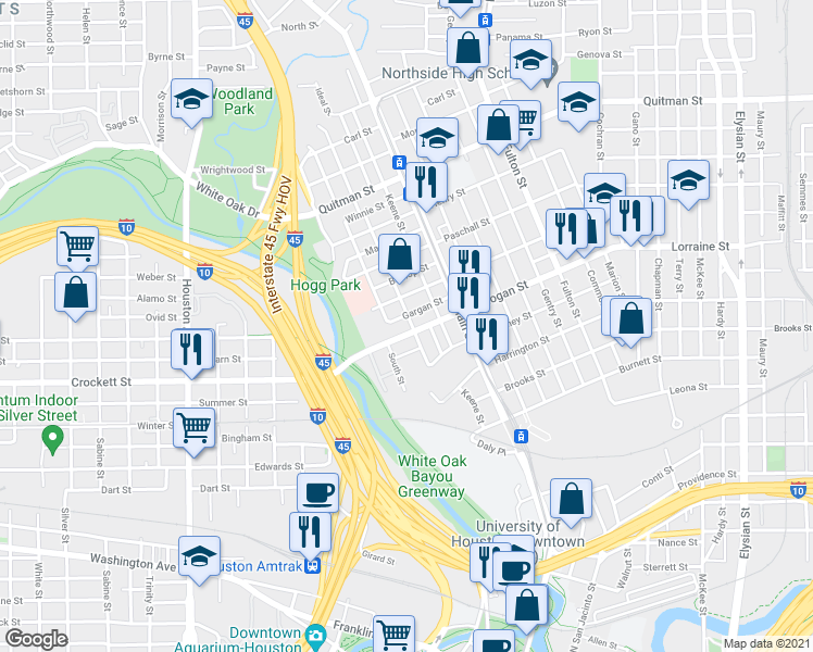 map of restaurants, bars, coffee shops, grocery stores, and more near 1907A Fletcher Street in Houston