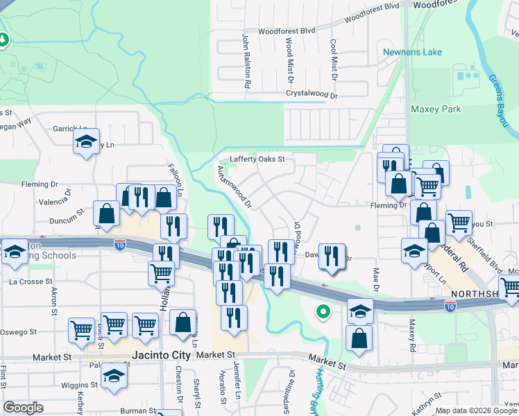 map of restaurants, bars, coffee shops, grocery stores, and more near 820 Autumn Wood Drive in Houston
