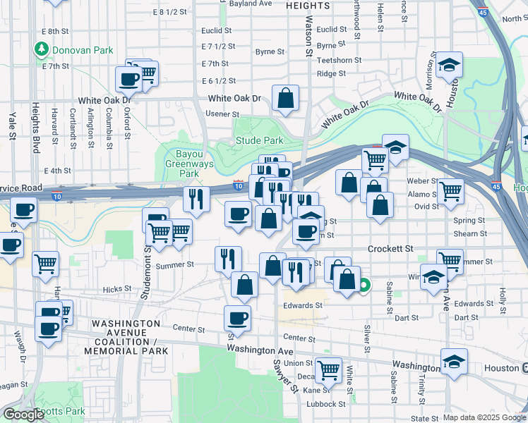 map of restaurants, bars, coffee shops, grocery stores, and more near 1919 Sawyer Heights Street in Houston