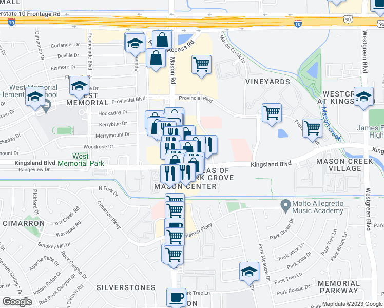 map of restaurants, bars, coffee shops, grocery stores, and more near 569 South Mason Road in Katy