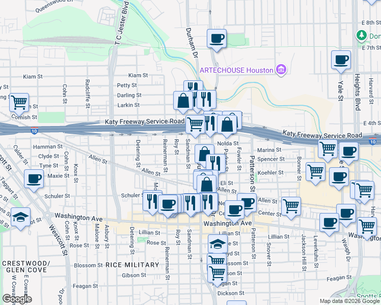 map of restaurants, bars, coffee shops, grocery stores, and more near 5008 Eigel Street in Houston