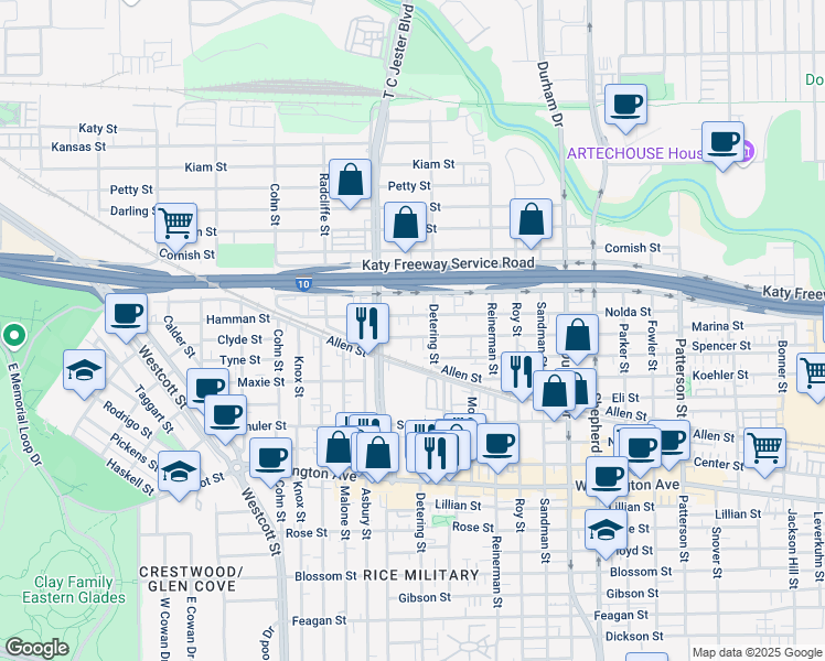 map of restaurants, bars, coffee shops, grocery stores, and more near 5317 Inker Street in Houston