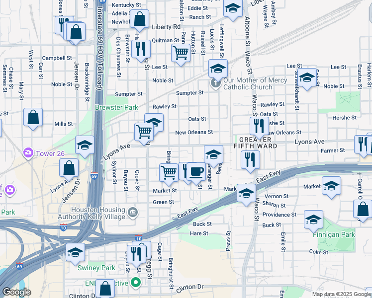 map of restaurants, bars, coffee shops, grocery stores, and more near 3714 Farmer Street in Houston