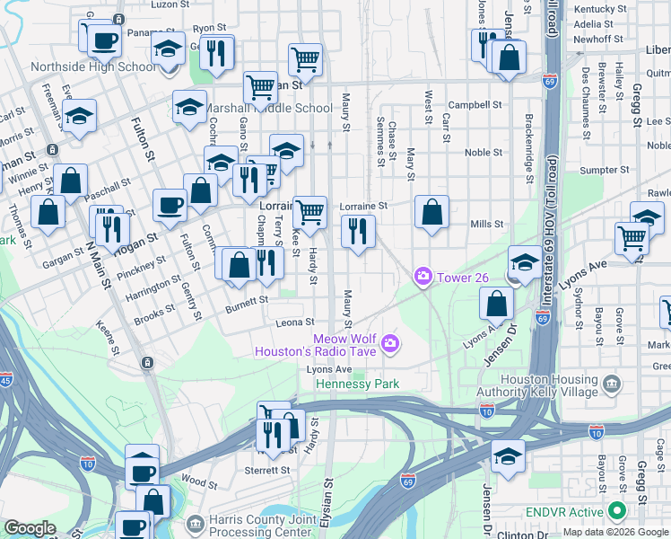 map of restaurants, bars, coffee shops, grocery stores, and more near 1807 Burnett Street in Houston