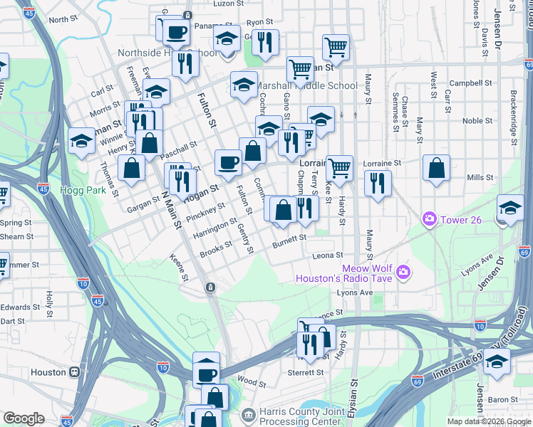 map of restaurants, bars, coffee shops, grocery stores, and more near 1103 Brooks Street in Houston