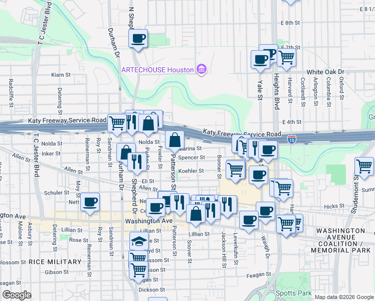 map of restaurants, bars, coffee shops, grocery stores, and more near 4306 Eigel Street in Houston