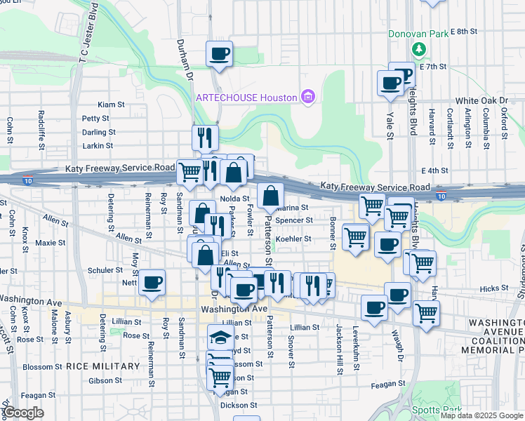 map of restaurants, bars, coffee shops, grocery stores, and more near 4447 Spencer Street in Houston