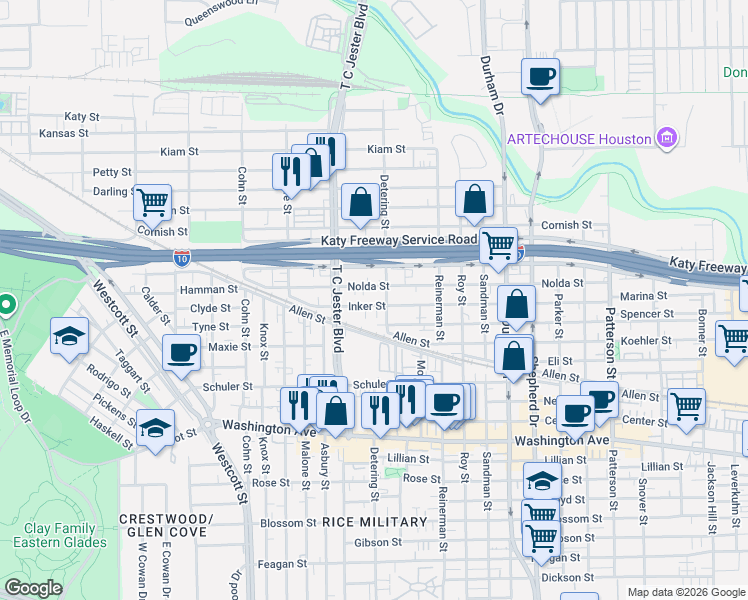 map of restaurants, bars, coffee shops, grocery stores, and more near 5317 Inker Street in Houston