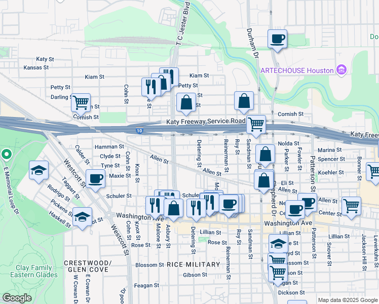 map of restaurants, bars, coffee shops, grocery stores, and more near 5317 Inker Street in Houston