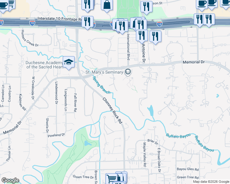 map of restaurants, bars, coffee shops, grocery stores, and more near 303 Timber Terrace Road in Houston