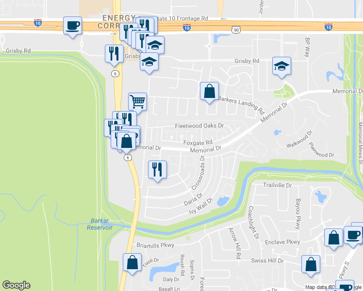 map of restaurants, bars, coffee shops, grocery stores, and more near 15885 Memorial Drive in Houston