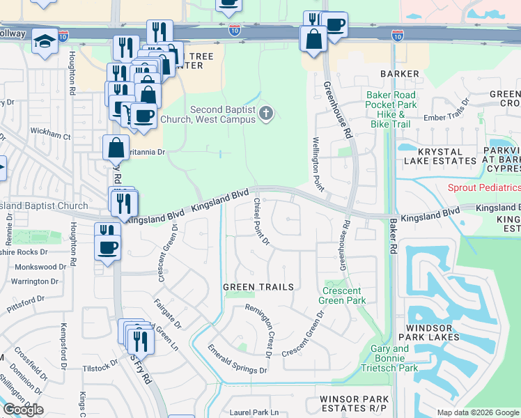 map of restaurants, bars, coffee shops, grocery stores, and more near 19603 Ember Sky Court in Houston