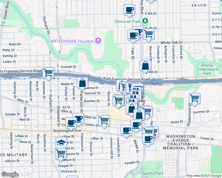 map of restaurants, bars, coffee shops, grocery stores, and more near 4040 Koehler Street in Houston