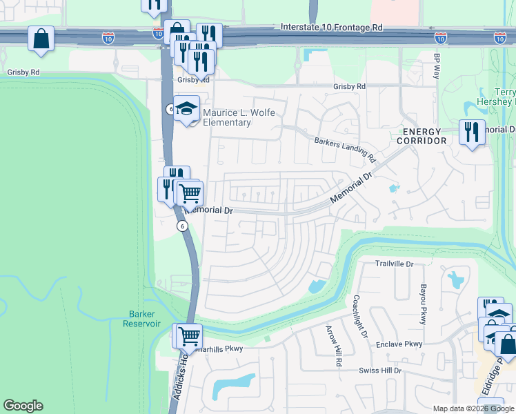 map of restaurants, bars, coffee shops, grocery stores, and more near 15885 Memorial Drive in Houston