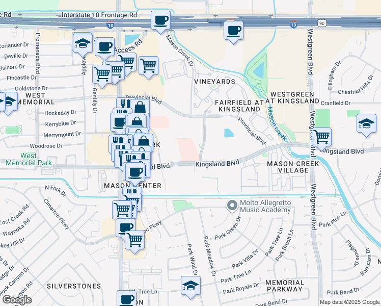 map of restaurants, bars, coffee shops, grocery stores, and more near 21700 Kingsland Boulevard in Katy