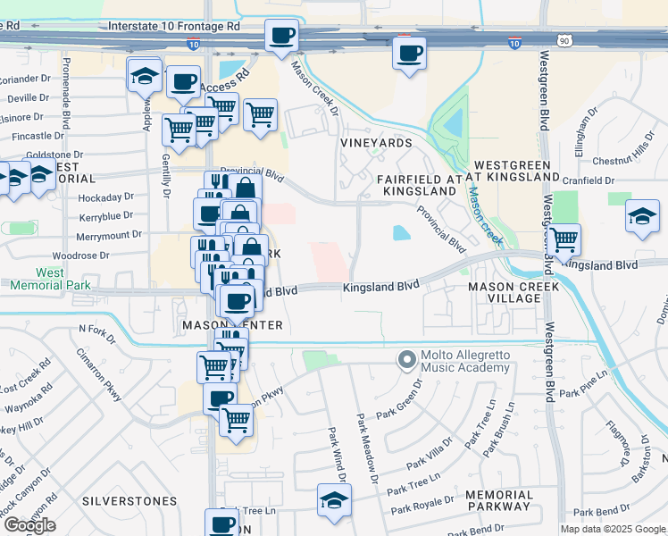 map of restaurants, bars, coffee shops, grocery stores, and more near 21700 Kingsland Boulevard in Katy