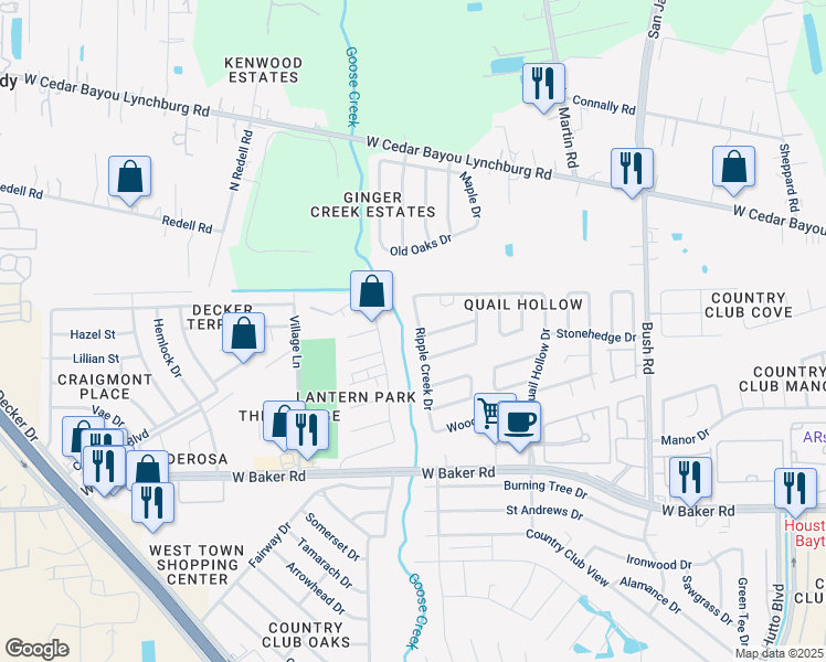 map of restaurants, bars, coffee shops, grocery stores, and more near 4808 Ripple Creek Drive in Baytown