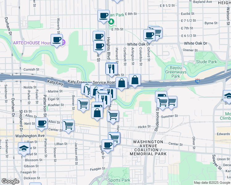 map of restaurants, bars, coffee shops, grocery stores, and more near 121 East 2nd Street in Houston