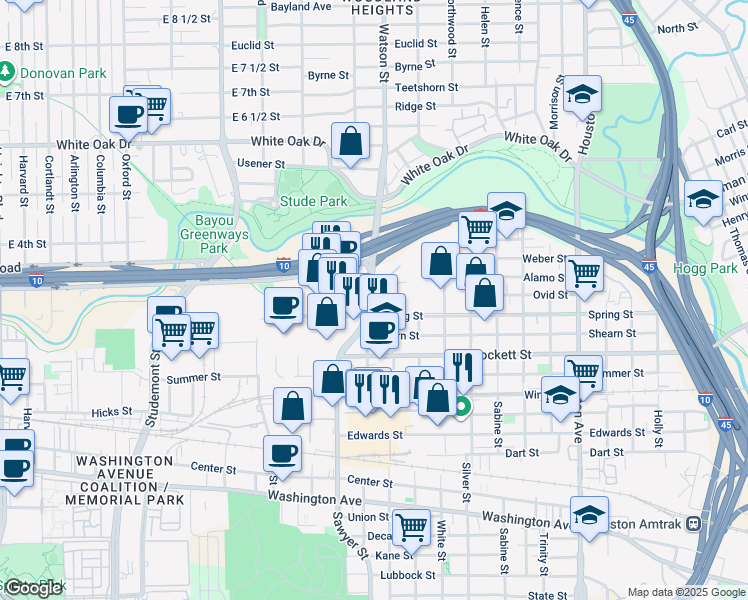 map of restaurants, bars, coffee shops, grocery stores, and more near 2000 Taylor Street in Houston