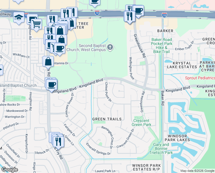 map of restaurants, bars, coffee shops, grocery stores, and more near 19603 Ember Sky Court in Houston