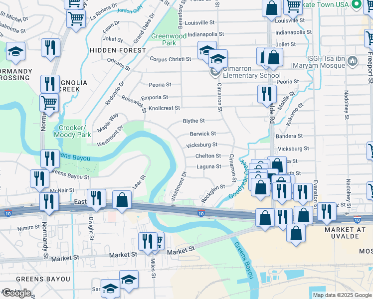 map of restaurants, bars, coffee shops, grocery stores, and more near 1014 Westmont Drive in Houston