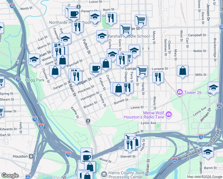 map of restaurants, bars, coffee shops, grocery stores, and more near 1103 Brooks Street in Houston