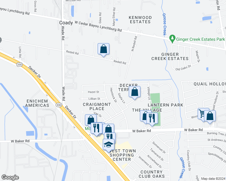 map of restaurants, bars, coffee shops, grocery stores, and more near 5406 Hemlock Drive in Baytown
